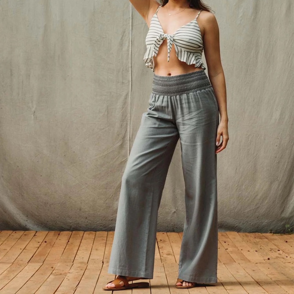 Rewash Olive Smocked Linen Pants